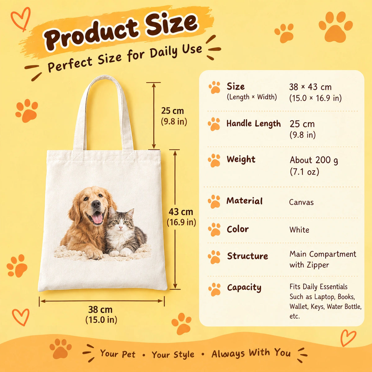 Personalized Pet Photo Tote Bag, Custom Dog & Cat Canvas Tote