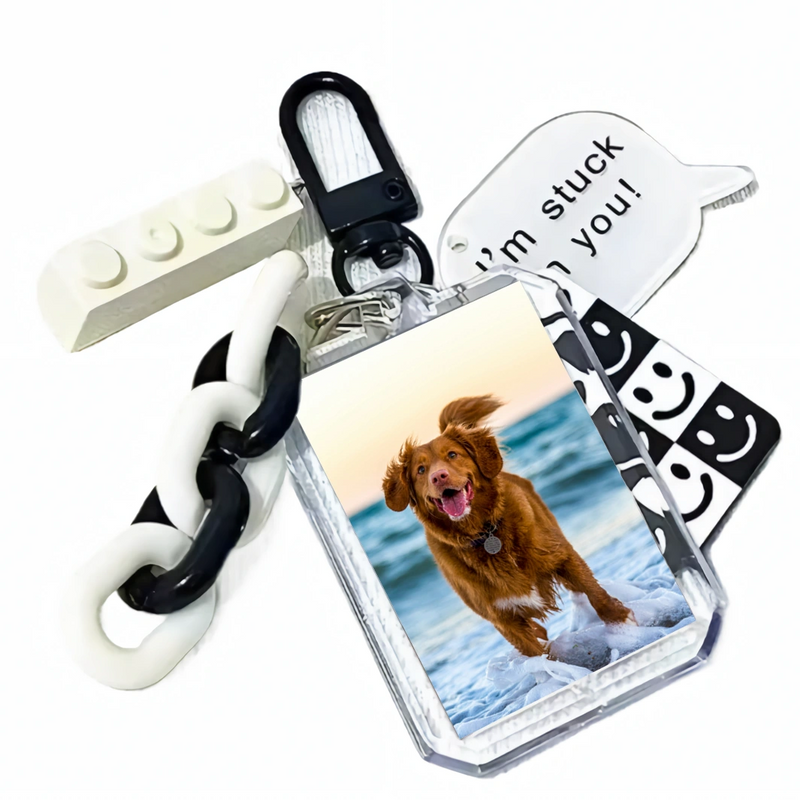 Personalized pet photo keychain featuring a dog's picture