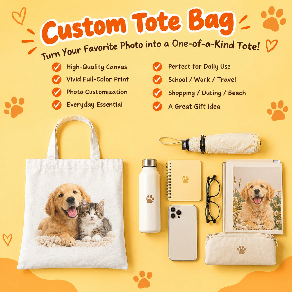 Personalized Pet Photo Tote Bag, Custom Dog & Cat Canvas Tote