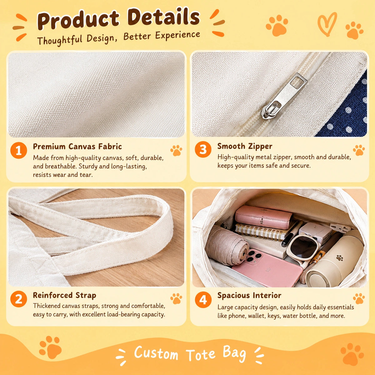 Personalized Pet Photo Tote Bag, Custom Dog & Cat Canvas Tote