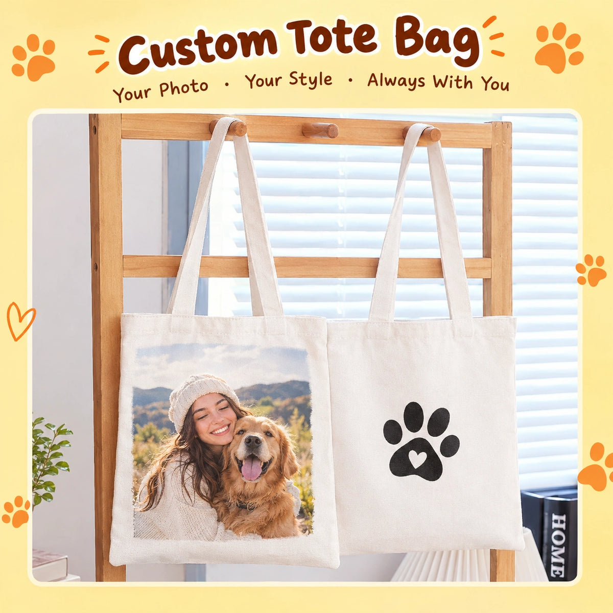 Personalized Pet Photo Tote Bag, Custom Dog & Cat Canvas Tote
